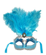 Turquoise Blue Silver Venetian Mask Feather Masquerade Mardi Gras 12&quot; - £12.37 GBP