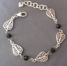 Brighton Link Bracelet Mila&#39;s Heart Black Beads Scroll Silver Tone 7.25-8.5&quot; - £27.45 GBP