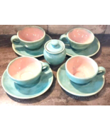 Pisgah ForesPottery 1939 Blue &amp; Pink Gloss Tea Set 4 Cups 4 Saucers Suga... - £77.02 GBP