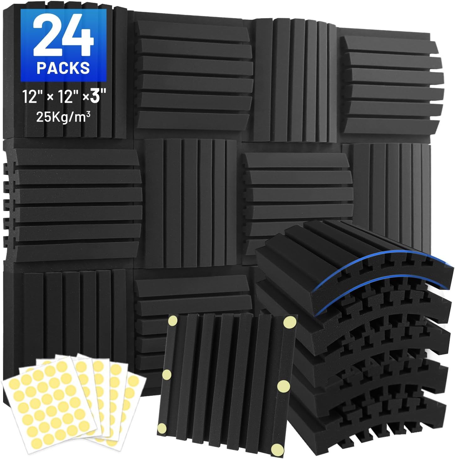 24 Pack Curved Acoustic Foam Panels 3&quot; X 12&quot; X 12&quot; Sound Proof, Side Adh... - $51.96