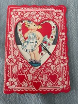 Mini Valentines Day Card Early 1900&#39;s Children Little Girl Cleaning Vint... - £3.54 GBP