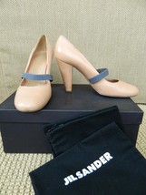 Jil Sander Pump Tan Leather w/ Gray Elastic Strap Rounded Toe Heels 39 1/2 - £69.41 GBP