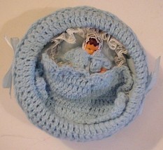 Handmade Crocheted Boy Baby Bassinet with Baby, Blanket Pillow, Coverlet Blue - £17.43 GBP