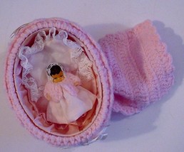 Pink Handmade Crocheted Girl Baby Bassinet with Baby, Blanket, Pillow, Coverlet - £12.74 GBP