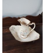 Vintage Pitcher and Bowl - White with Gold Trim and Flowers  - £23.50 GBP
