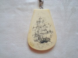 Vintage Necklace Sailing Ship Plastic Pendant Silver Tone Chain  - $10.00