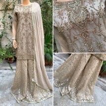 Pakistani Beige Straight Style Embroidered Sequins Organza Sharara Dress,S - £120.75 GBP