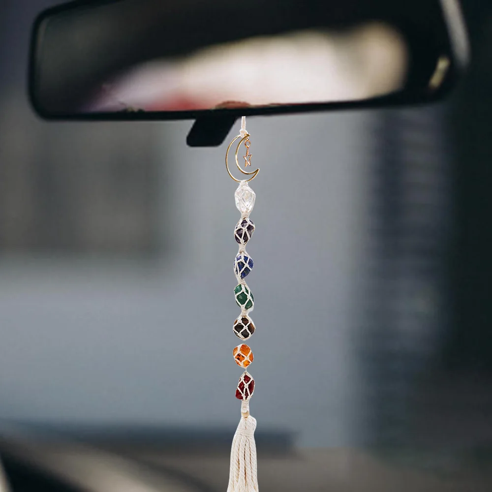 Hanging Charm Healing Ornament Hand Knitting Natural Crystal Stone Car Pendant - £10.59 GBP