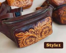 Hand Tooled Leather Sheridan Style Western Floral Belt Bag, Brown Fanny Pack - £58.97 GBP