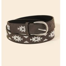 Western Boho Aztec Embroidered Pattern Vegan Leather Belt Black - $19.80