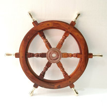 24&quot; Ship Wheel Solid Cherry Wood Brass Handle Nautical Wall Decor Boat a... - £47.51 GBP