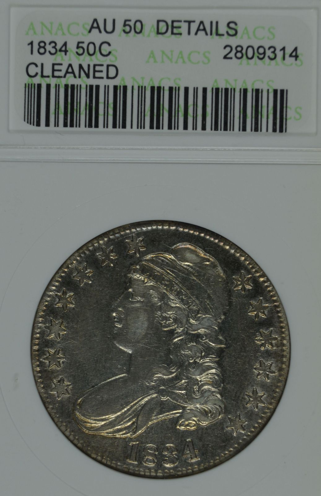 Primary image for 1834 Capped Bust circulated silver half dollar ANACS AU 50 details Cleaned