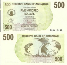 Zimbabwe P43, $500, bearer check, tigerfish, Kariba Dam on Zambezi UNC - £2.67 GBP