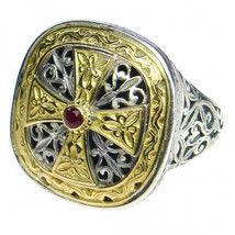  Gerochristo 2499 - Gold, Silver &amp; Ruby -Medieval-Byzantine Cross Ring  ... - £1,023.17 GBP