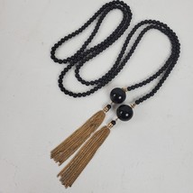 Vintage Casual Career Black &amp; Tone Beaded Tassel Necklace 54 Inch Stretchy - $26.18