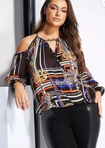 Estrella Por Julien Macdonald Bufanda Negra Estampado Hombro Tiras Satén Blusa - $25.43