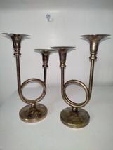 Vintage 1970s Brass French Horn Double Candle Holders Candlesticks - £27.37 GBP