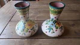 Pair of Vintage Dipinto A Mano Flowers Terracota Hand Painted Vases 6&quot; - £76.56 GBP