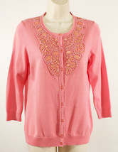 Talbots Women Beaded Cardigan Sweater M Medium Pink Coral 3/4 Sleeve Embellished - £22.38 GBP