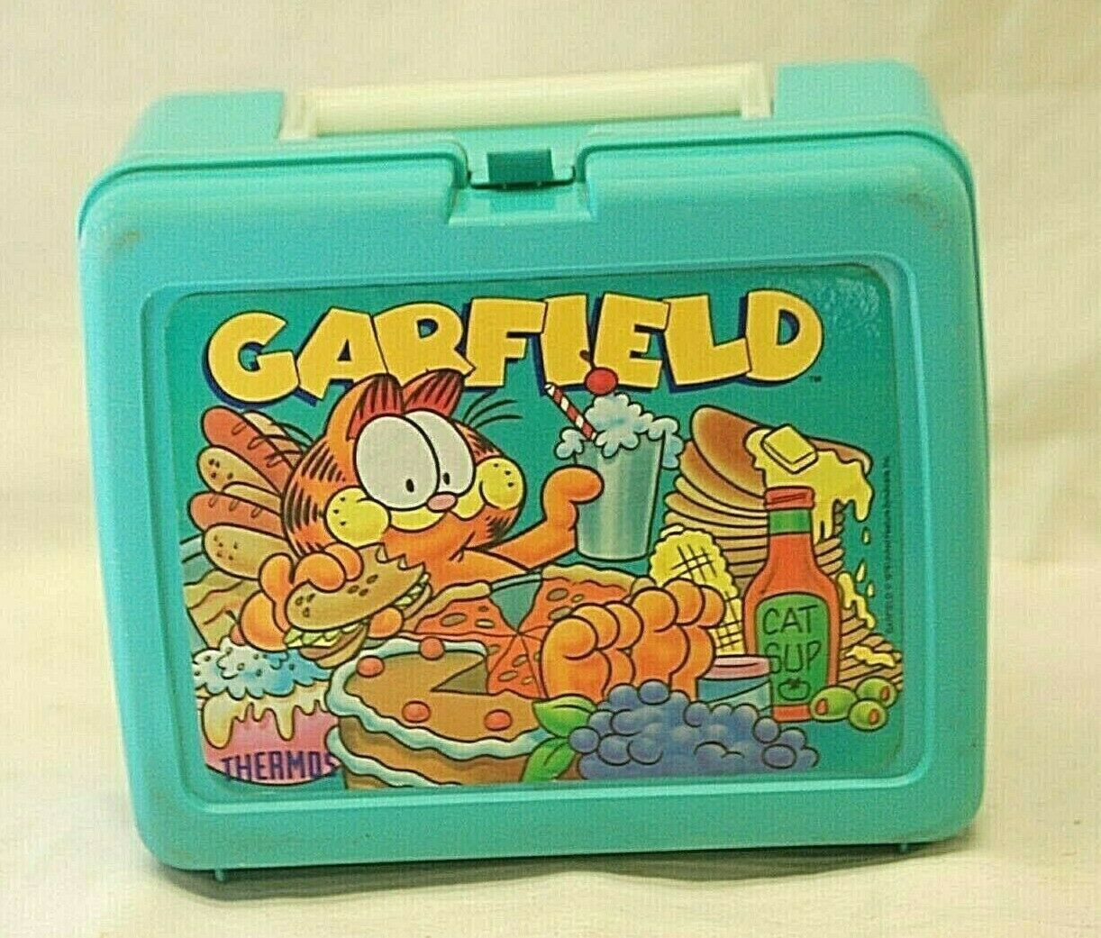 Primary image for Garfield Teal Lunch Box Lunchbox Jim Davis No Thermos Vintage 1978 USA