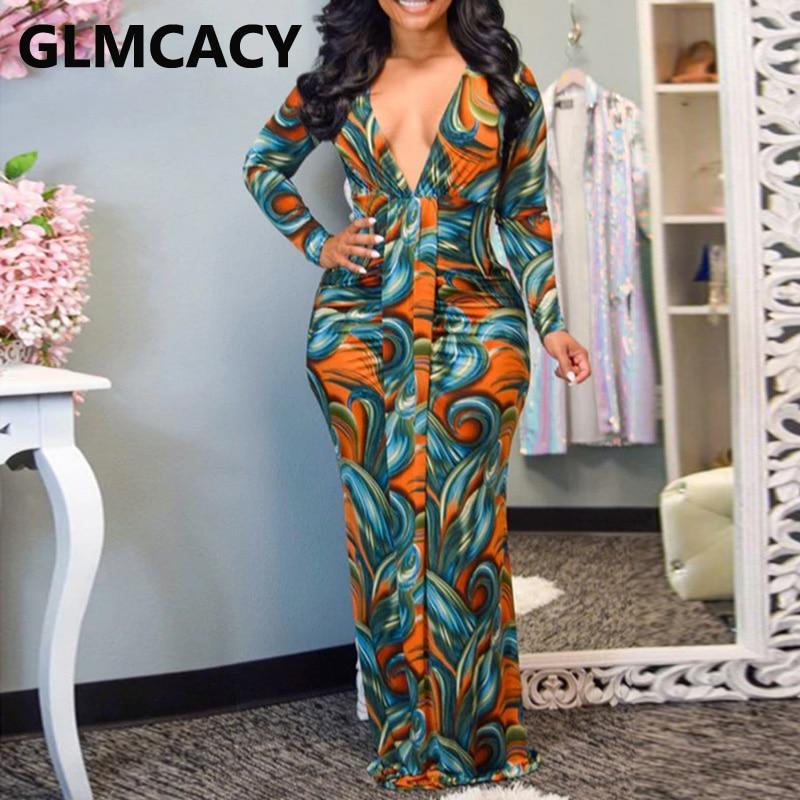 Long Sleeve V Neck Chic Printed Maxi Dress