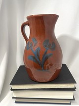 Ned Foltz Pottery Glazed Redware Pitcher, Signed Dated 1983 Slip Flower Blue PA - £66.36 GBP