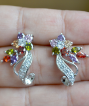 Silver statement earrings, floral zircon earrings (E629) - £14.19 GBP