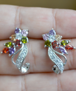 Silver statement earrings, floral zircon earrings (E629) - £15.17 GBP
