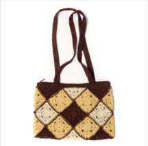 Vintage Beige Brown Crochet Knit Patch Work Tote Bag Purse Handbag Shoulder Bag - £11.61 GBP