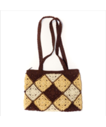 Vintage Beige Brown Crochet Knit Patch Work Tote Bag Purse Handbag Shoul... - £11.61 GBP