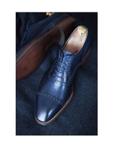 Handmade Men Blue Leather Formal Dress Shoes With Lace up Closure, Gift ... - £99.79 GBP