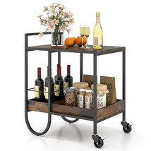 Rolling Buffet Serving Cart with Removable Metal Wire Wine Rack-Brown - Color: B - $129.49