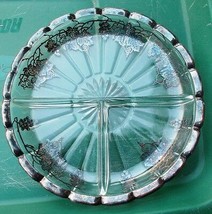 Vintage Pressed Glass Divided Dish w/Silver Overlay Trim &amp; Silver Grapevines  - $9.00