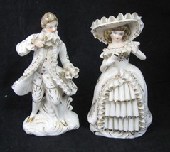 VTG  Relco Colonial Couple Figurines White Porcelain Gold Trim Ruffle Set MCM 6&quot; - £19.85 GBP