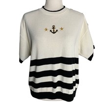 Vintage 90s Nautical Short Sleeve Sweater M White Knit Embroidered Buttons - £33.08 GBP