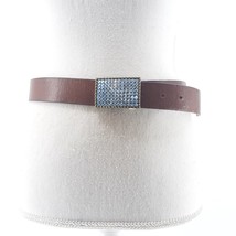 Gap Women&#39;s Blue Rhinestone Bling Brown Genuine Leather Belt Size M Plate Buckle - $20.57