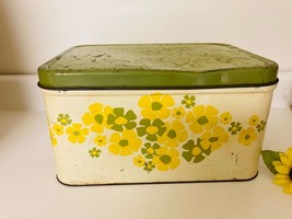 Vitg Decoware Metal Tin Bread Box Avocado Yellow Floral Groovy Flower Po... - £29.84 GBP