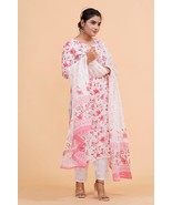 Trendy Womens White Flower Print Cotton Stitched kurti pant with dupatta - $49.99