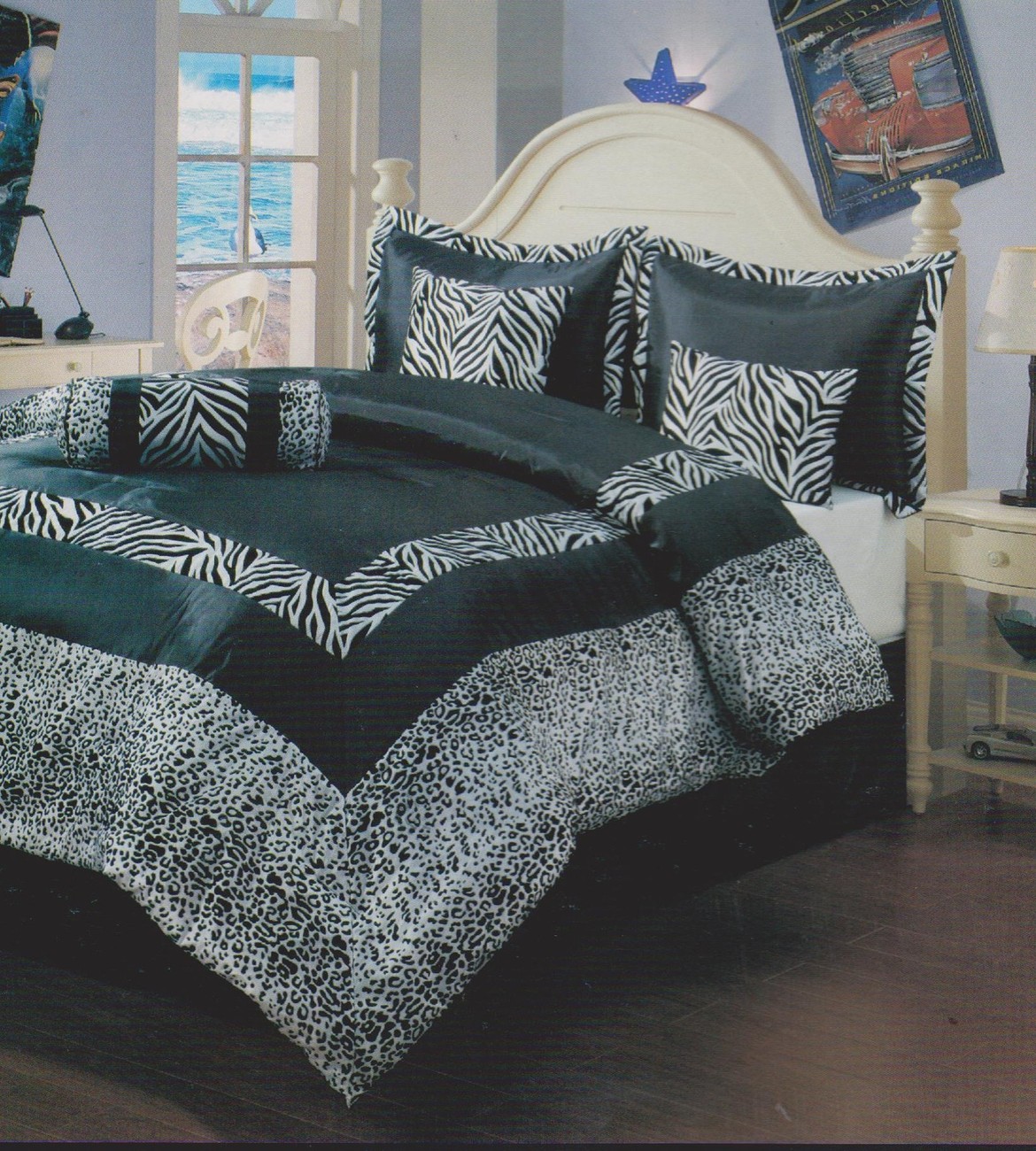 7 Pcs KING Size Comforter Set, White & Black "ZEBRA & LEOPARD" Flocking Texture - $77.45