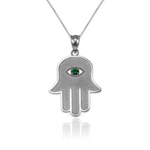 10K White Gold Hamsa Green CZ Evil Eye Pendant Necklace - £160.52 GBP+