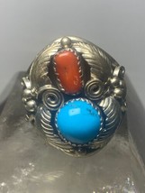 Navajo ring coral turquoise band sterling silver women men q - £140.86 GBP