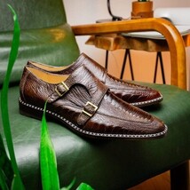 Genuine Ostrich Leg Double Monk Strap Shoes Napoli Brown image 6