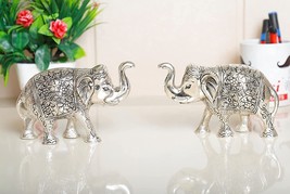 Elephant Metal Statue Small Size Silver Polish 2 pcs Set for Showpiece Enhance Y - £28.86 GBP