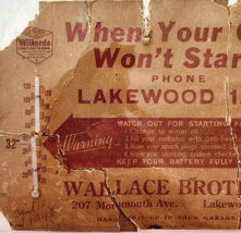 1948 Wallace Brothers Garage Advertisement Thermometer Sign Lakewood NJ ... - €25,75 EUR