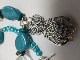 Silver Owl Pendant Statement Necklace with Teal and Silver Mixed Beads - £39.62 GBP
