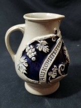 Vintage Stoneware German Grape Wine Pitcher Blue Enamel 4.5&quot; Tall Marked - £11.87 GBP