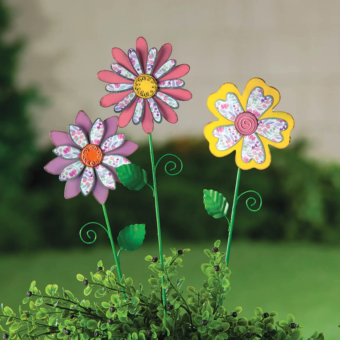 Set of 3 Floral Flower Stakes Metal Garden Lawn Flower Pots Outdoor Yard... - $13.59