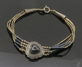 ZUNI 925 Sterling Silver - Vintage Black Onyx Love Heart Chain Bracelet - BT8572 - £95.99 GBP