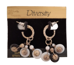 New with Tags Diversity Women&#39;s Dangle Gold Tone Earrings Black &amp; White Charms - £9.47 GBP