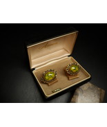 Anson Cuff Links Golden Color Mesh Wrap Green Veined Stones in Presentat... - £19.65 GBP